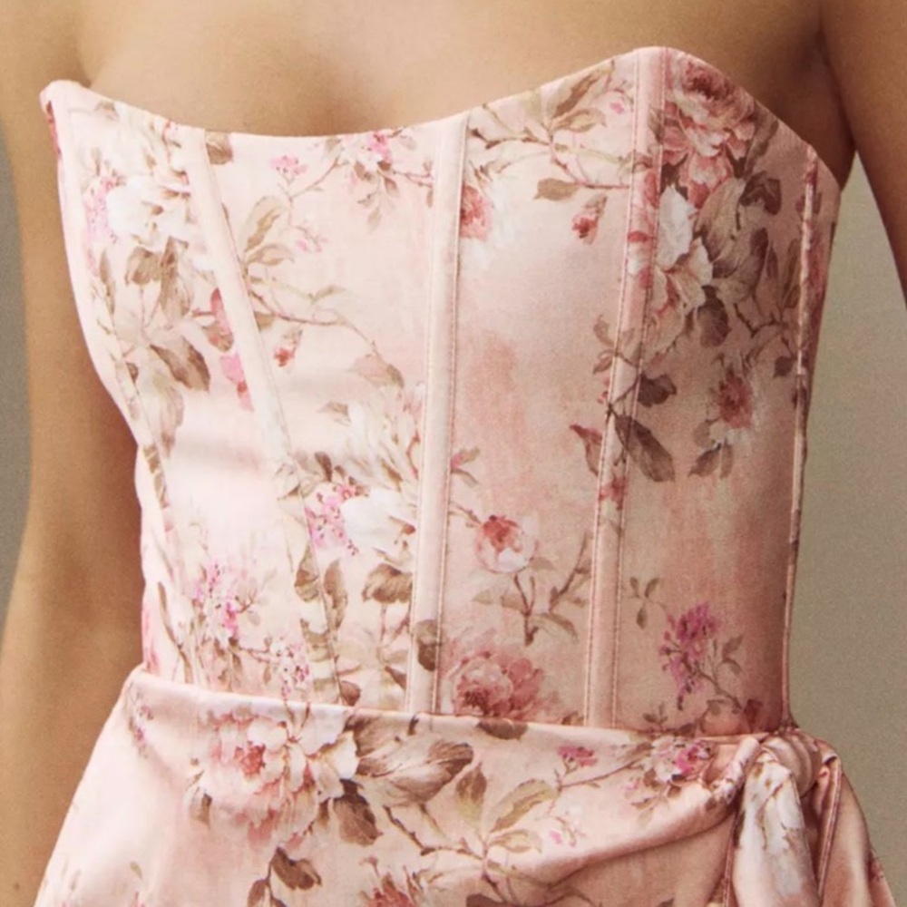 V. Chapman Strapless V. Chapman June Printed Corset Front-Slit Satin Gown - Picture 3 of 8